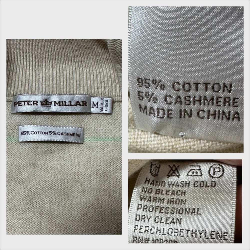 Peter‎ Millar Mens Quarter Zip Sweater Beige Green Plaid Cotton Cashmere Size M